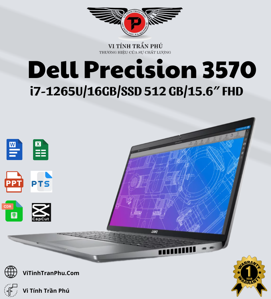 Laptop Dell Precision 3570 i7 1265U/ RAM 16GB/ M2.SSD 512GB/ NVIDIA T550 4GB/ 15.6 FHD